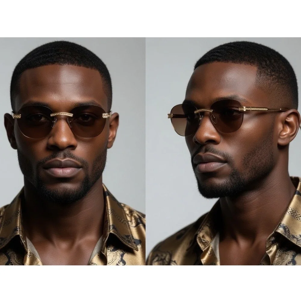 Men Gold Rimless Round Sunglasses Brown Lens Vintage Metal Frame UV400 Hip Hop